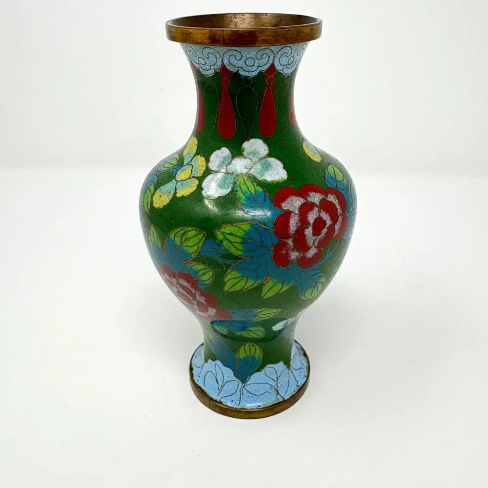 Antique Chinese Cloisonne Enamel Green Floral Vase Republic Period 1890s 1920s